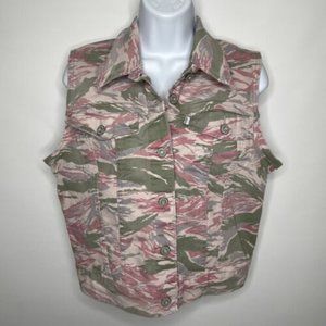 Levis Pink Green Gray Camo Camouflage Denim Button Front Vest